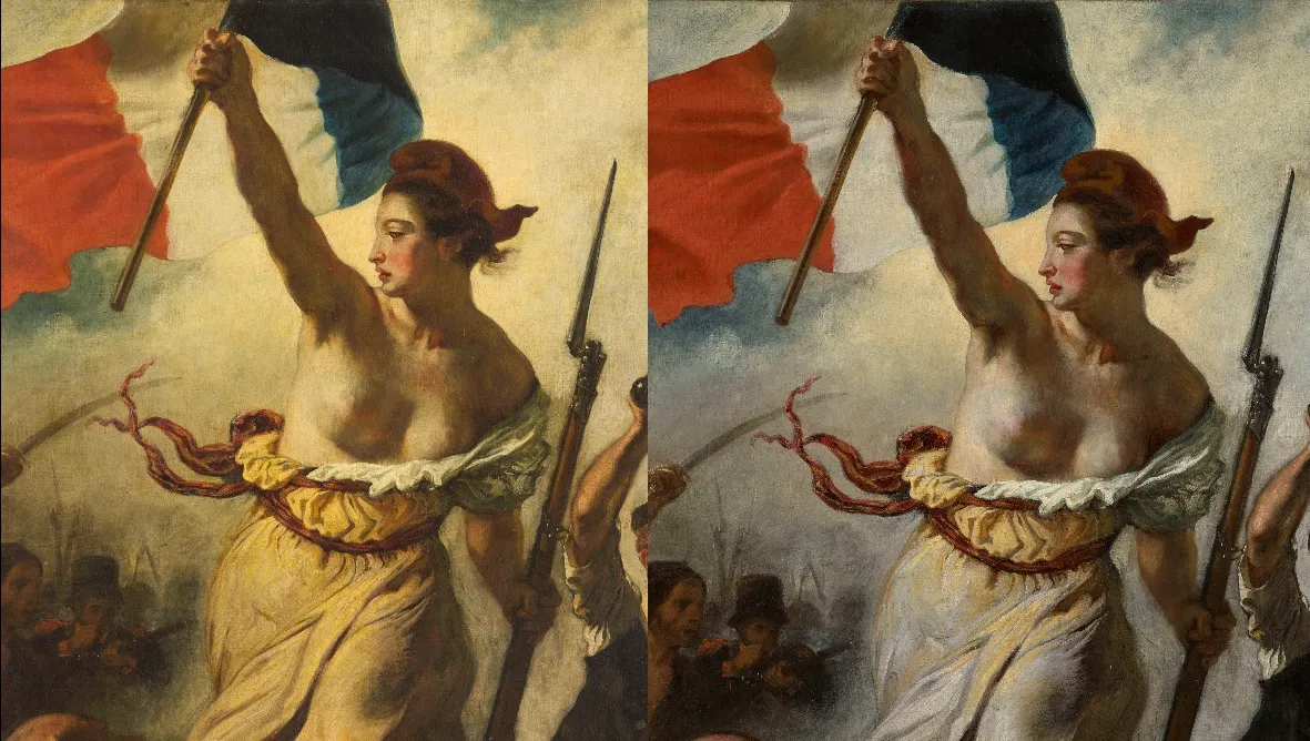 Liberty's dress, before the restoration (left) and after (right)